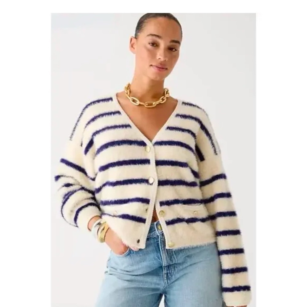 J. Crew Blue and White Striped Cardigan Sweater